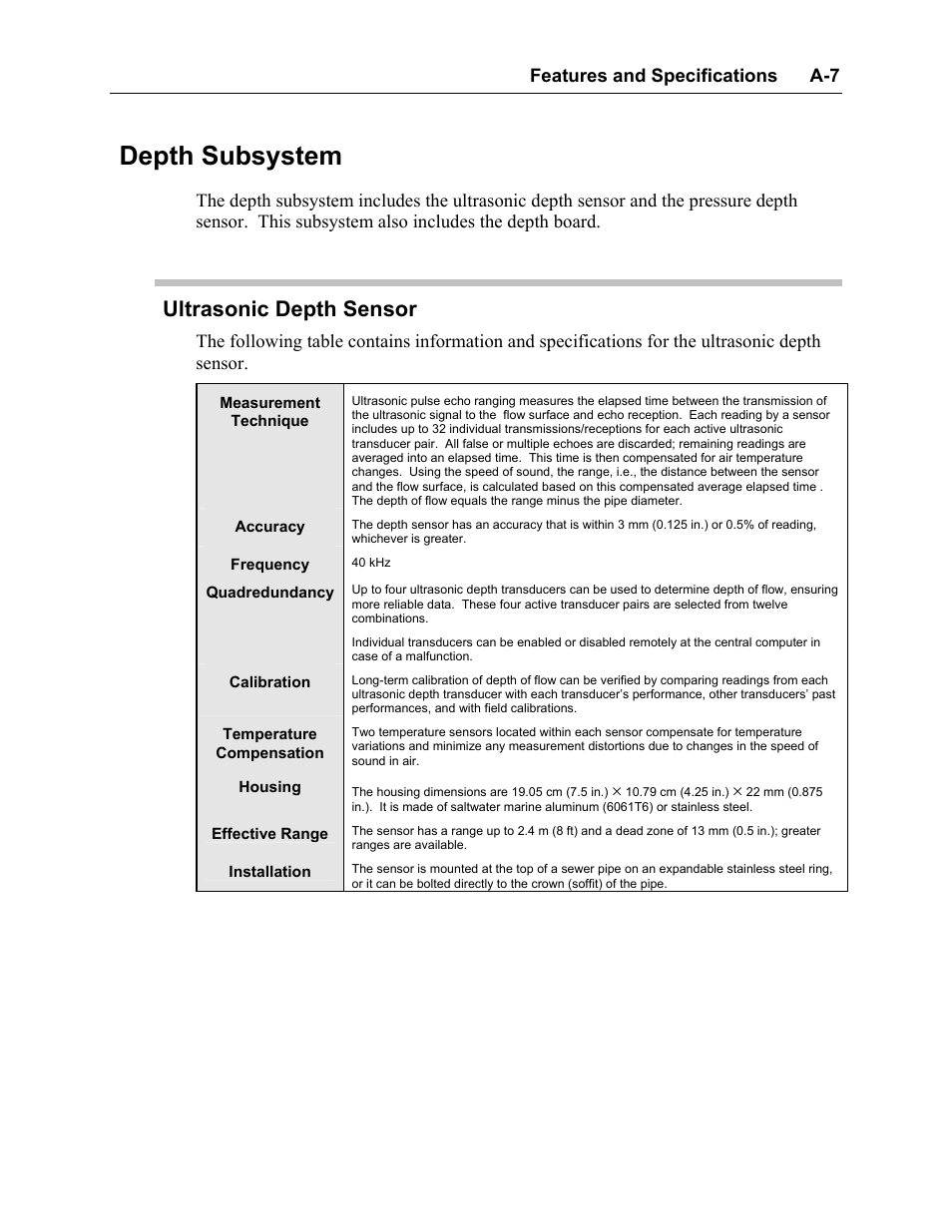Depth subsystem, Ultrasonic depth sensor | ADS Environmental Services Model 3600 530002 A2 User Manual | Page 125 / 133
