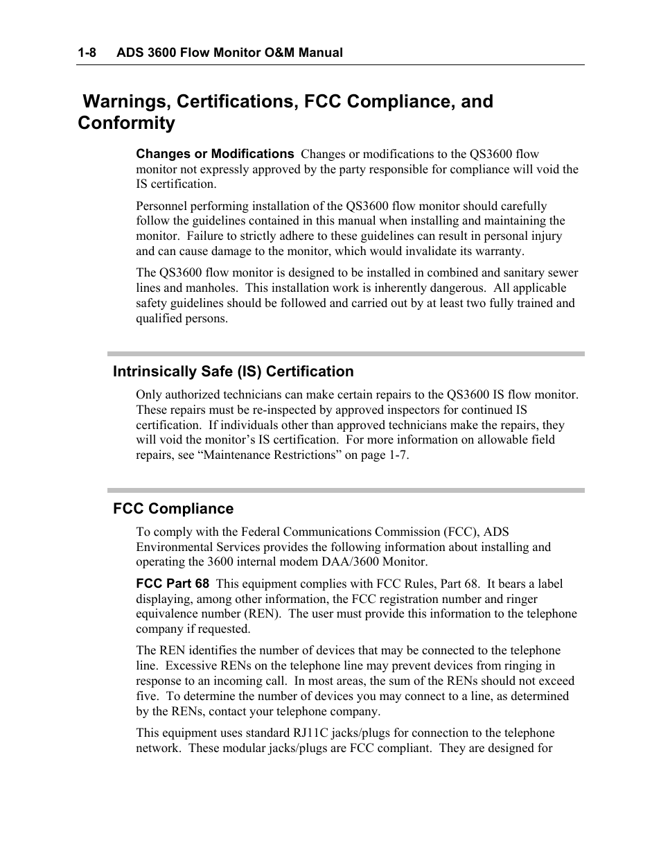 Intrinsically safe (is) certification, Fcc compliance | ADS Environmental Services Model 3600 530002 A2 User Manual | Page 13 / 133