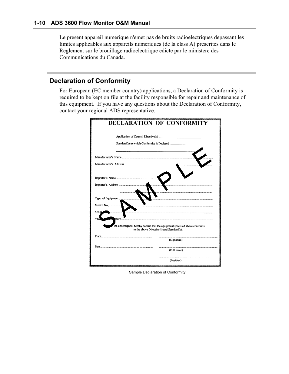 Declaration of conformity, Declaration of conformity -10 | ADS Environmental Services Model 3600 530002 A2 User Manual | Page 15 / 133