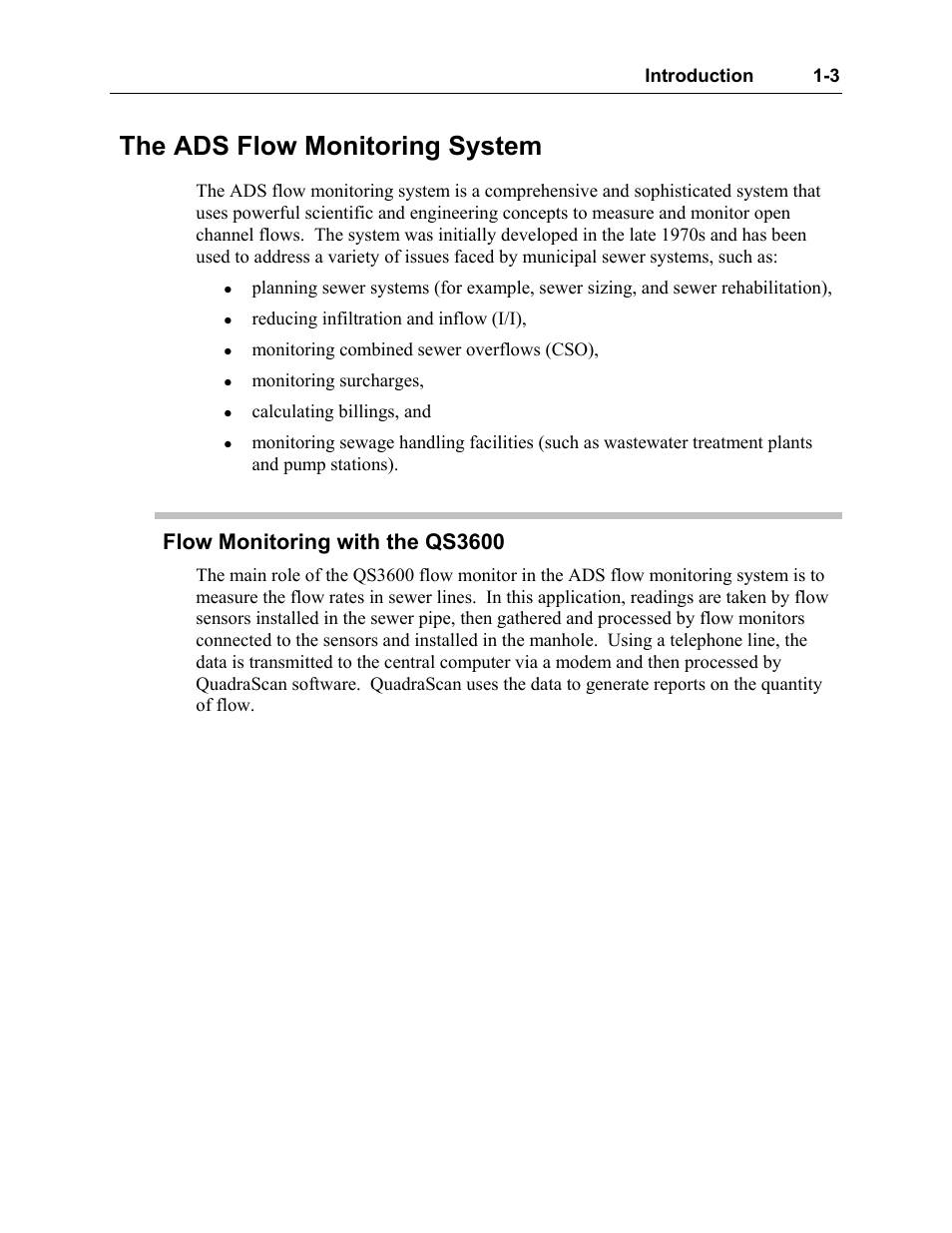 The ads flow monitoring system, Flow monitoring with the qs3600, The ads flow monitoring system -3 | Flow monitoring with the qs3600 -3 | ADS Environmental Services Model 3600 530002 A2 User Manual | Page 8 / 133