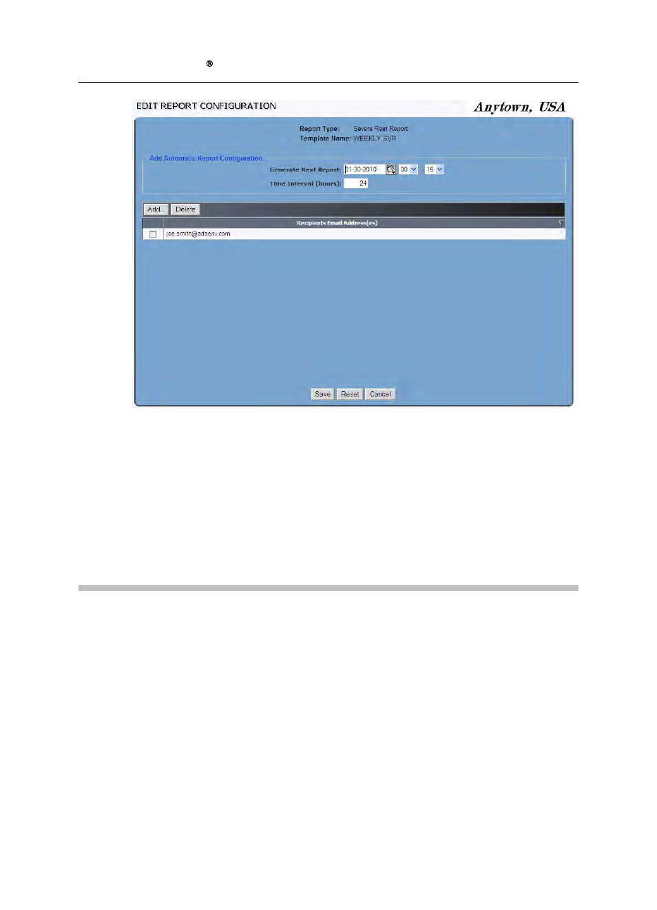 Deleting an automatic report | ADS Environmental Services IntelliServe 2.8.1 950026A7 User Manual | Page 262 / 290