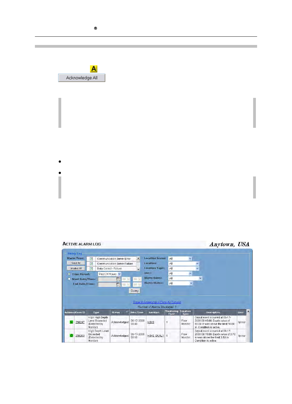 Acknowledging active alarms, Acknowledging alarms on the system | ADS Environmental Services IntelliServe 2.8.1 950026A7 User Manual | Page 42 / 290