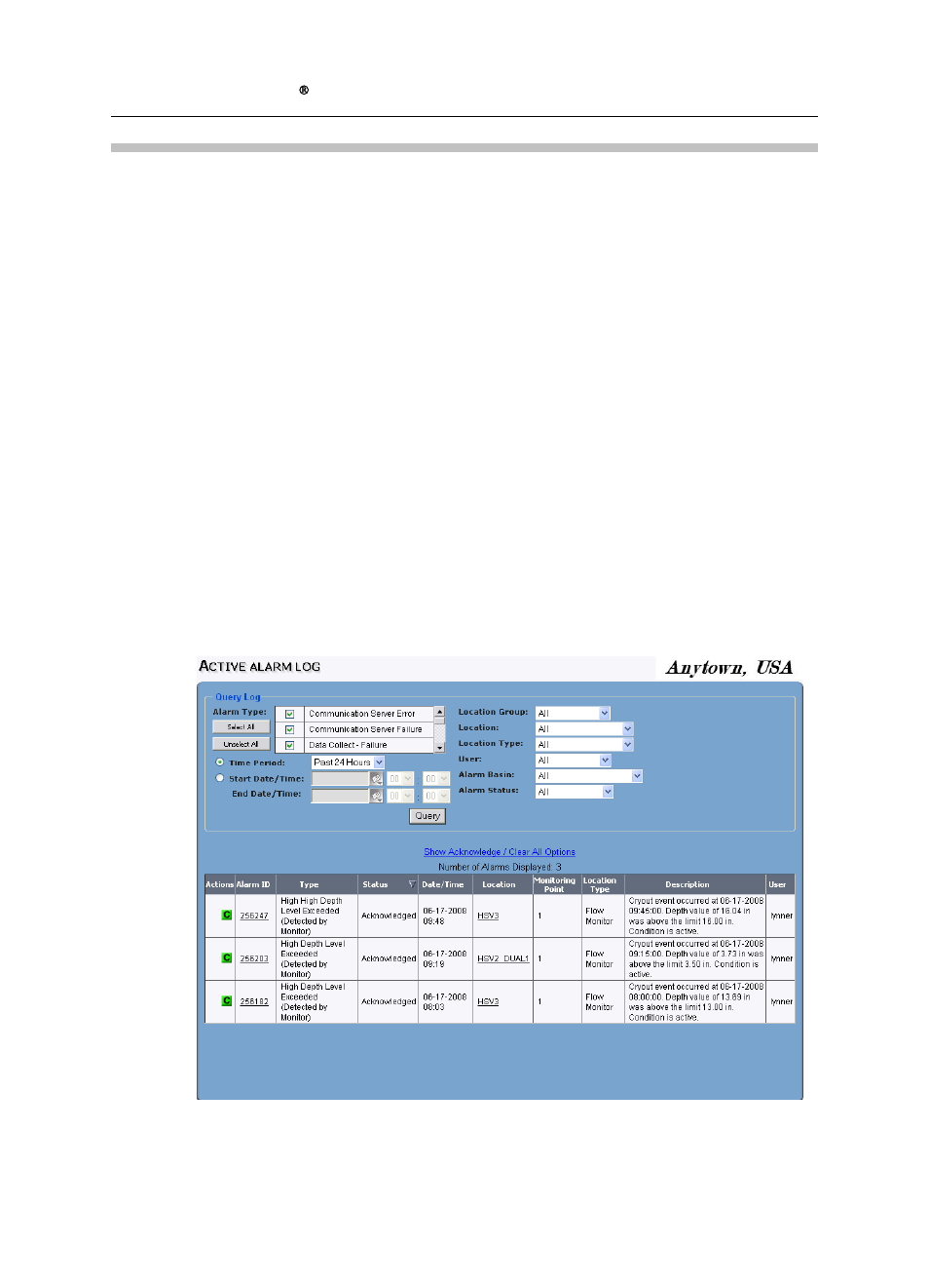Using the active alarm log | ADS Environmental Services IntelliServe 2.8.1 950026A7 User Manual | Page 48 / 290