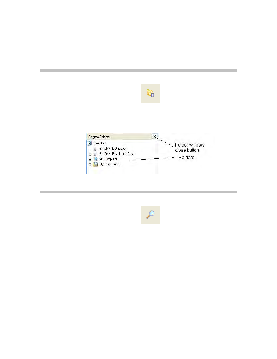 Toolbar buttons, Folders button, Search button | ADS Environmental Services Enigma-hyQ QR 775017 A2 User Manual | Page 31 / 96