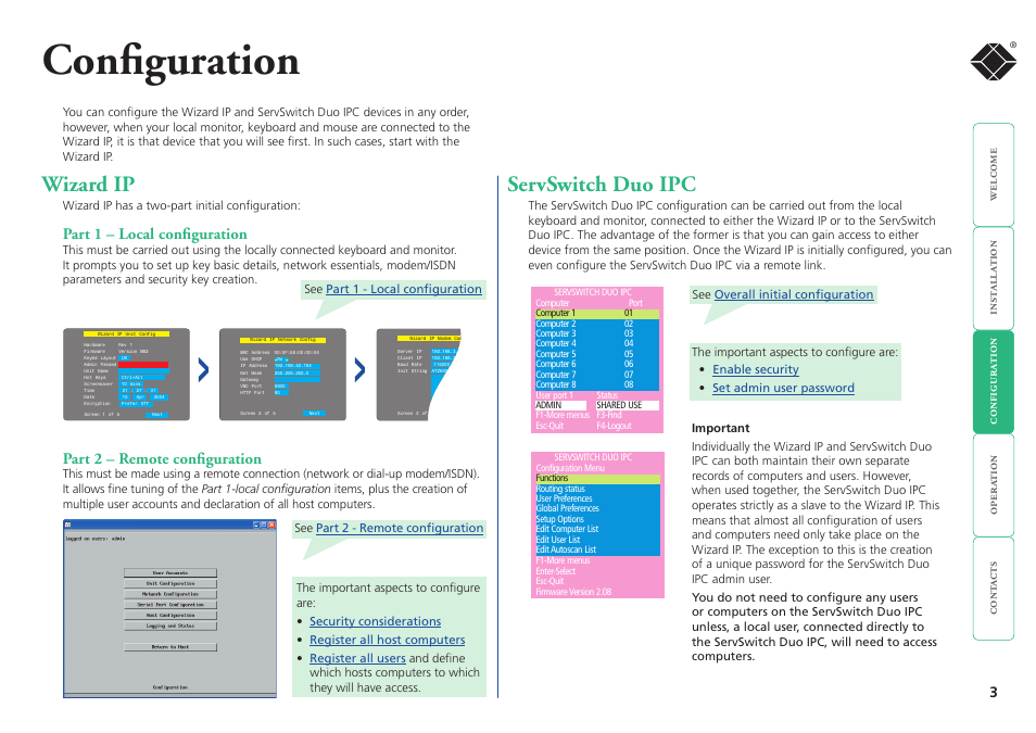 Configuration, Wizard ip, Servswitch duo ipc | Part 2 – remote configuration, Part 1 – local configuration | Black Box ACR6208A User Manual | Page 4 / 5