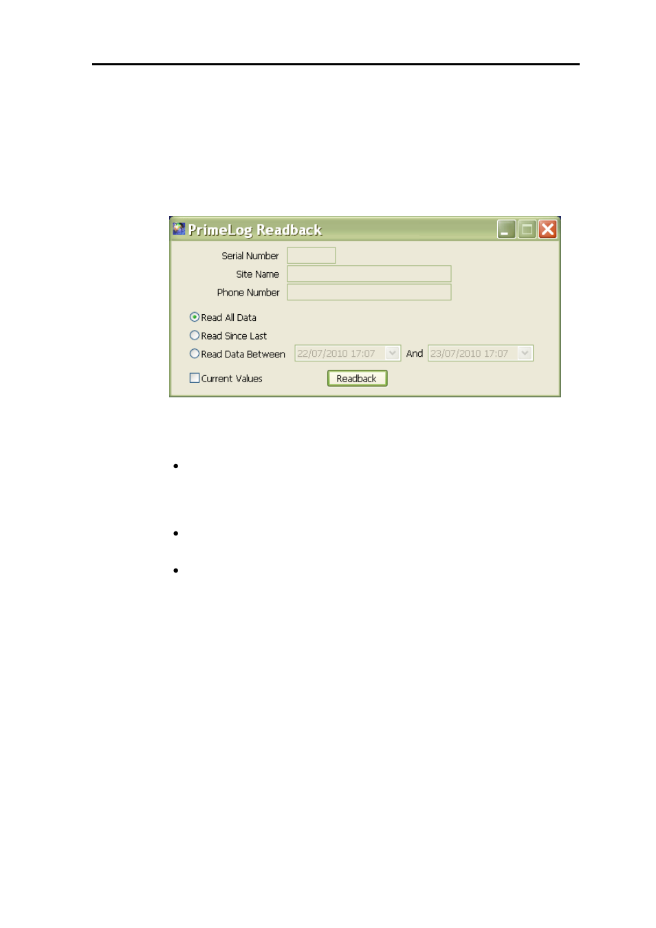 Readback, Current values | ADS Environmental Services PrimeWorks QR 775018 A0 User Manual | Page 58 / 86
