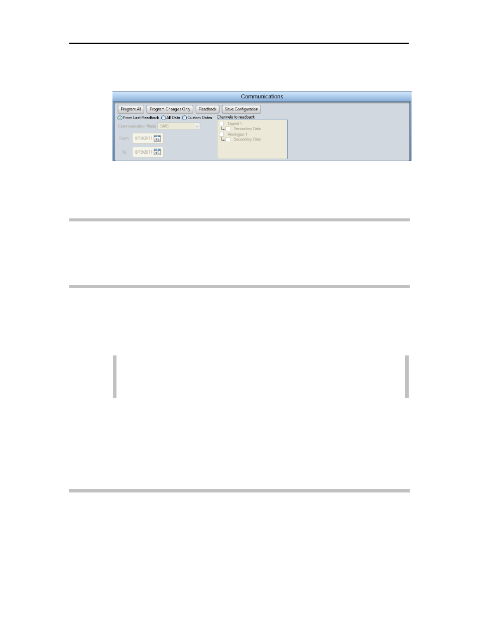Communications, Program all, Program changes only | Readback | ADS Environmental Services XiLog+ QR 775026 A0 User Manual | Page 30 / 76