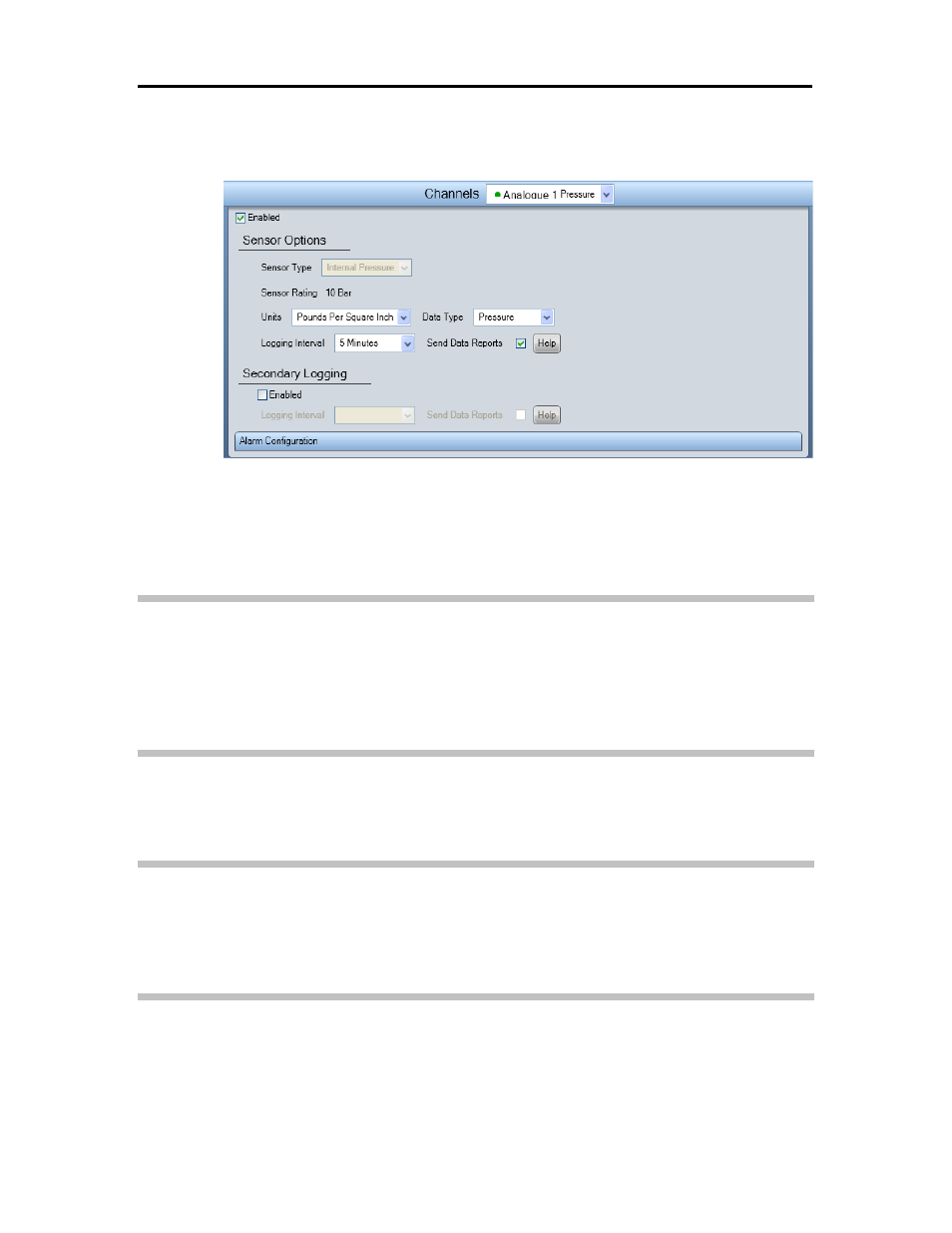 Analog channel – internal pressure, Enable channel, Sensor type | Sensor rating, Units | ADS Environmental Services XiLog+ QR 775026 A0 User Manual | Page 38 / 76