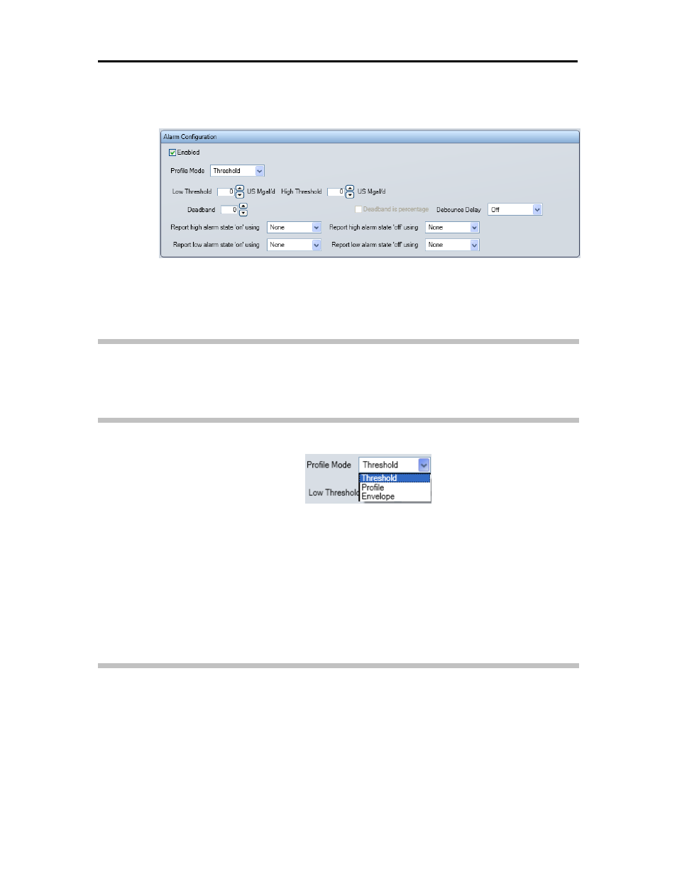 Alarm configuration, Enabled, Profile mode | Common alarm configuration parameters | ADS Environmental Services XiLog+ QR 775026 A0 User Manual | Page 48 / 76