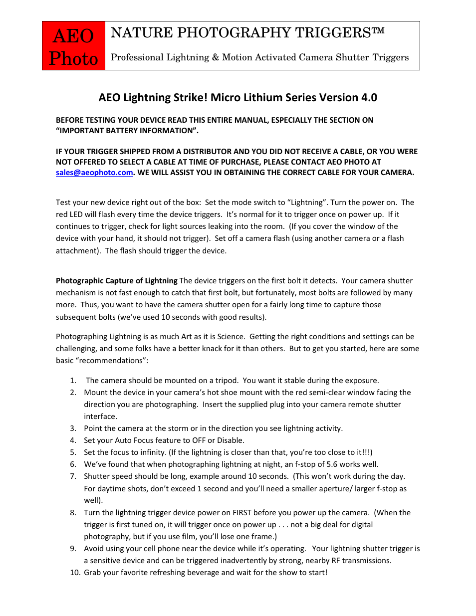 AEO Photo Micro 4.0 User Manual | 2 pages