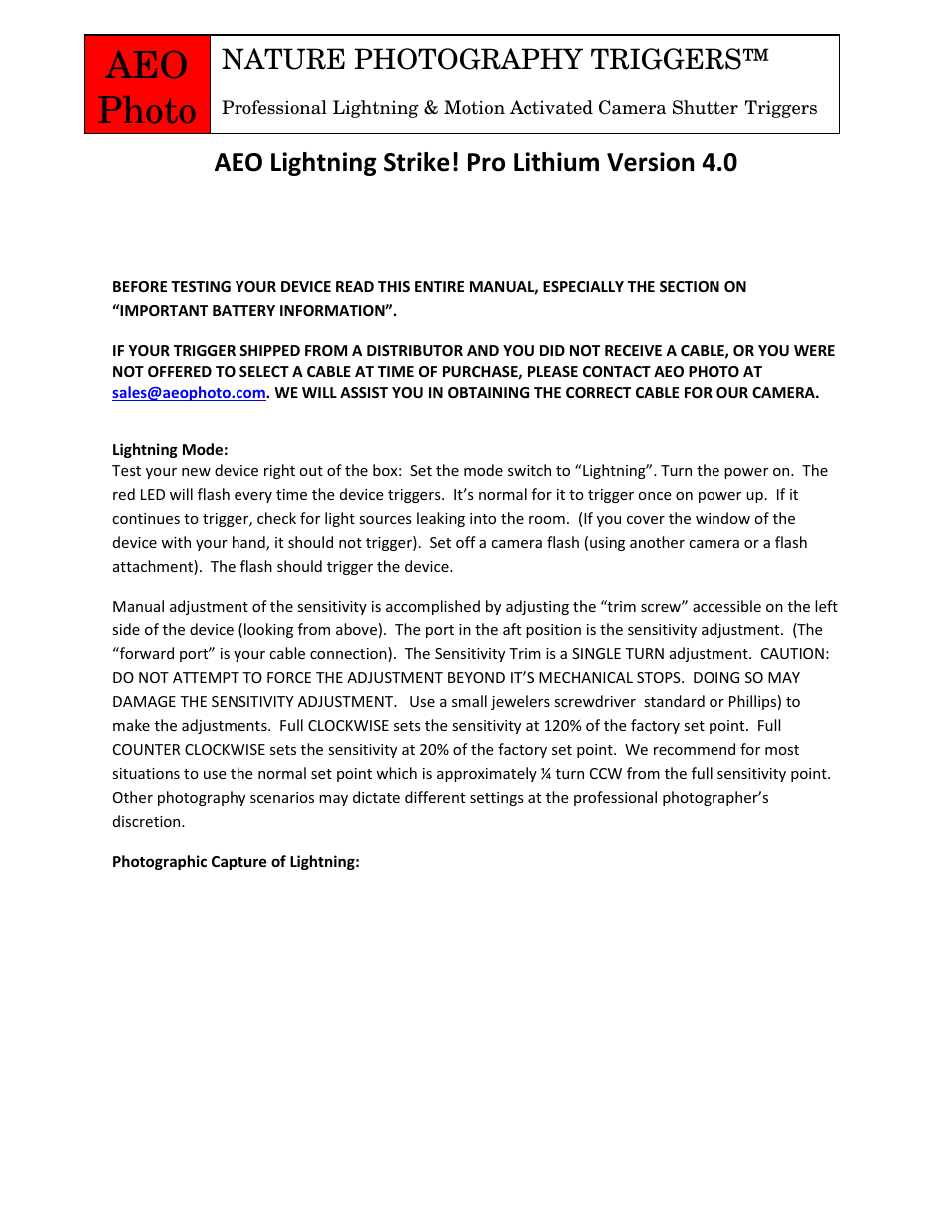 AEO Photo Micro Pro 4.0 User Manual | 3 pages