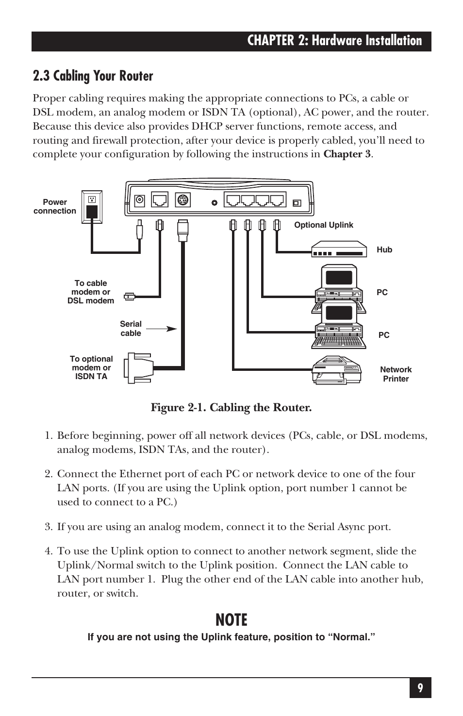 Figure 2-1. cabling the router | Black Box LRB500A User Manual | Page 10 / 33