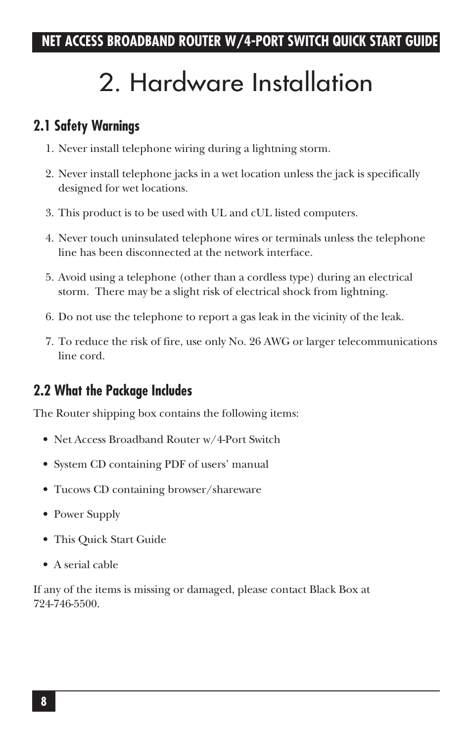 Hardware installation, 1 safety warnings, 2 what the package includes | Black Box LRB500A User Manual | Page 9 / 33