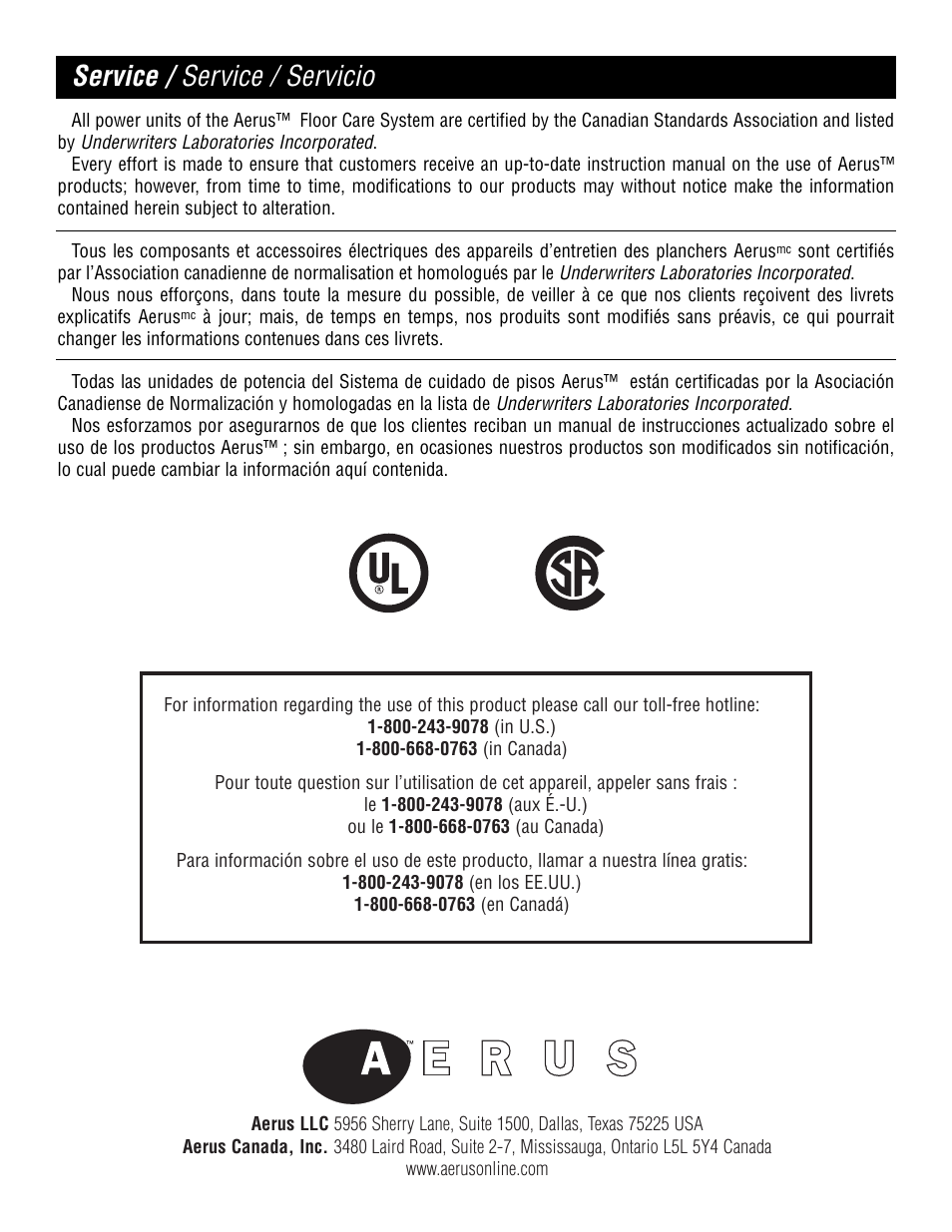 Service / service / servicio | Aerus Lux Commercial Upright User Manual | Page 20 / 20