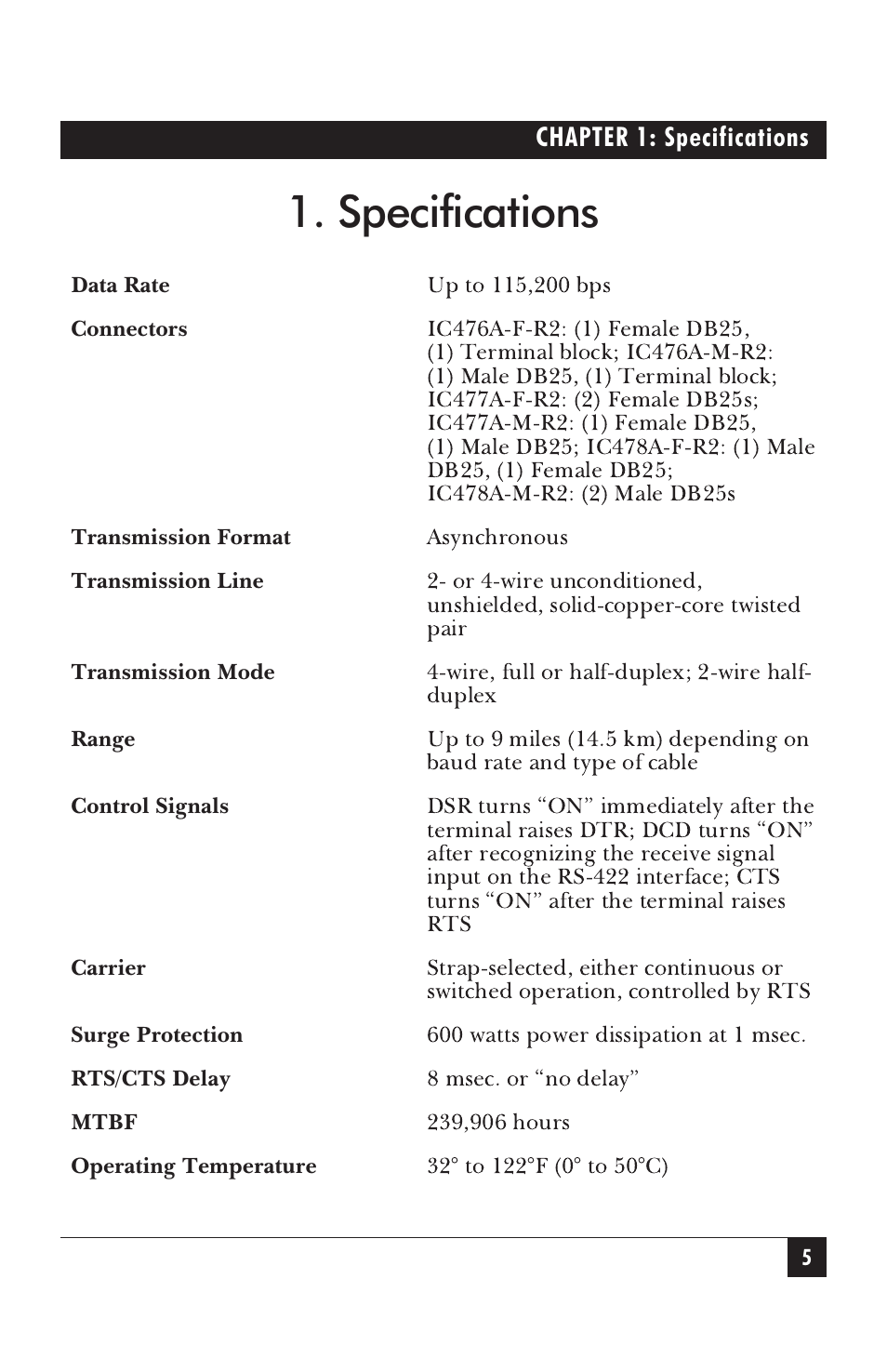 Specifications | Black Box IC476A-F-R2 User Manual | Page 6 / 25