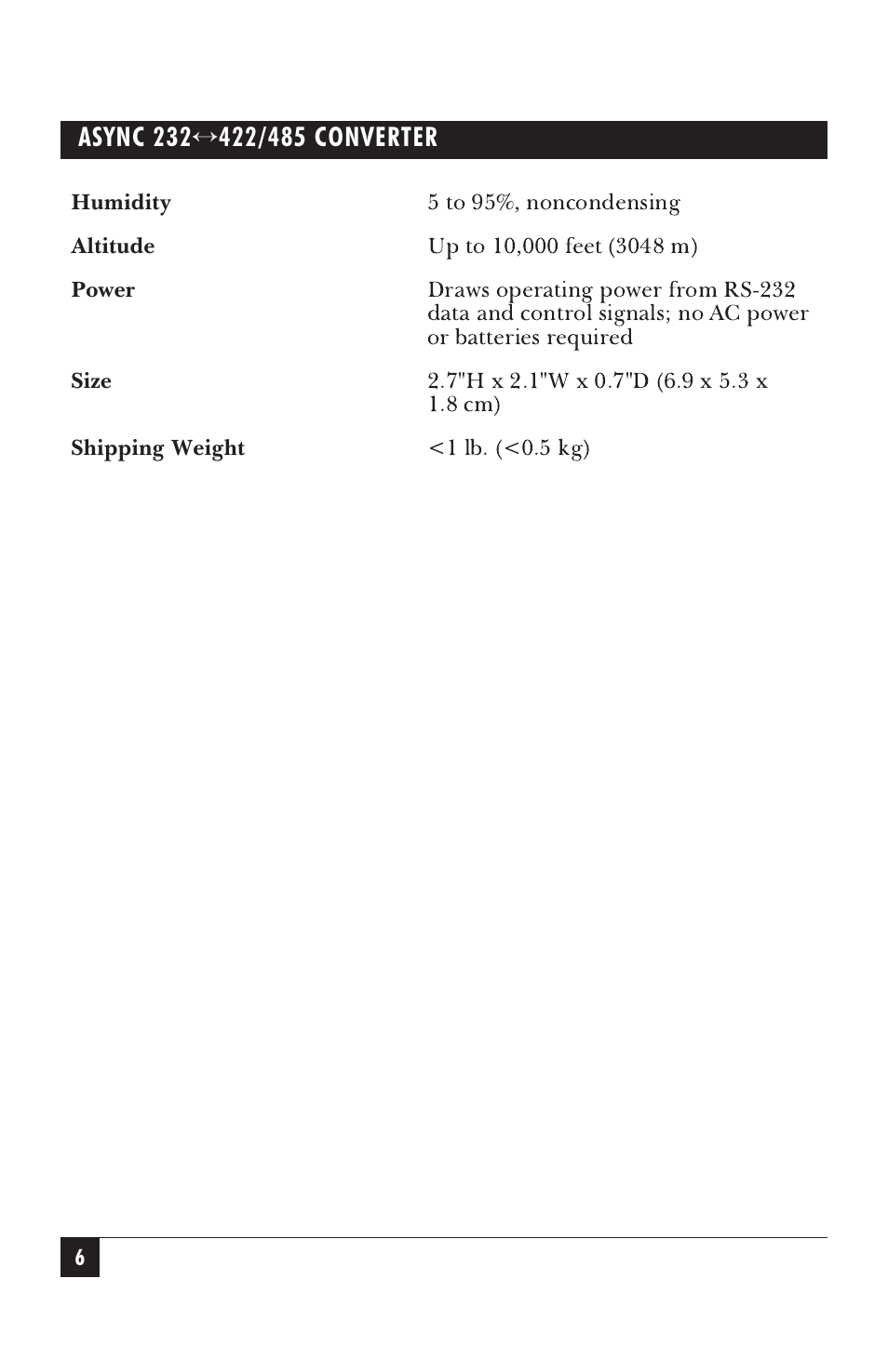 5 to 95%, noncondensing, 1 lb. (<0.5 kg) | Black Box IC476A-F-R2 User Manual | Page 7 / 25