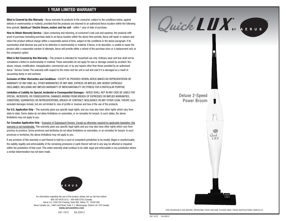 Aerus QuickLux User Manual | 2 pages