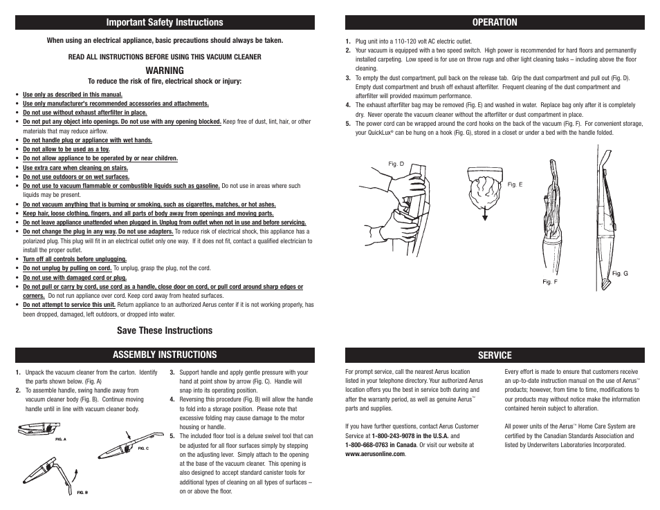 Important safety instructions, Warning, Save these instructions assembly instructions | Operation, Service | Aerus QuickLux User Manual | Page 2 / 2