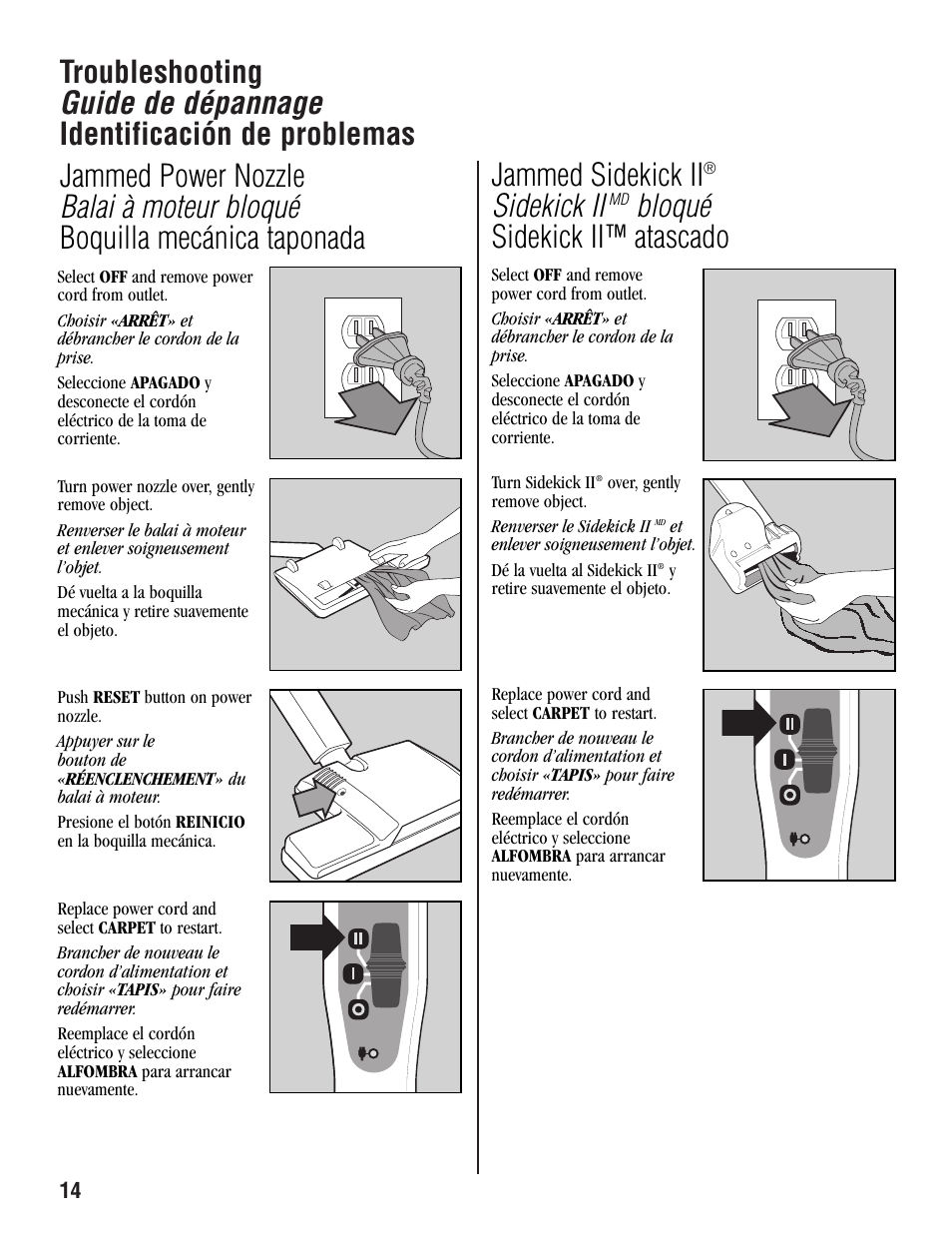 Jammed sidekick ii, Sidekick ii, Bloqué sidekick ii™ atascado | Aerus Guardian User Manual | Page 14 / 20