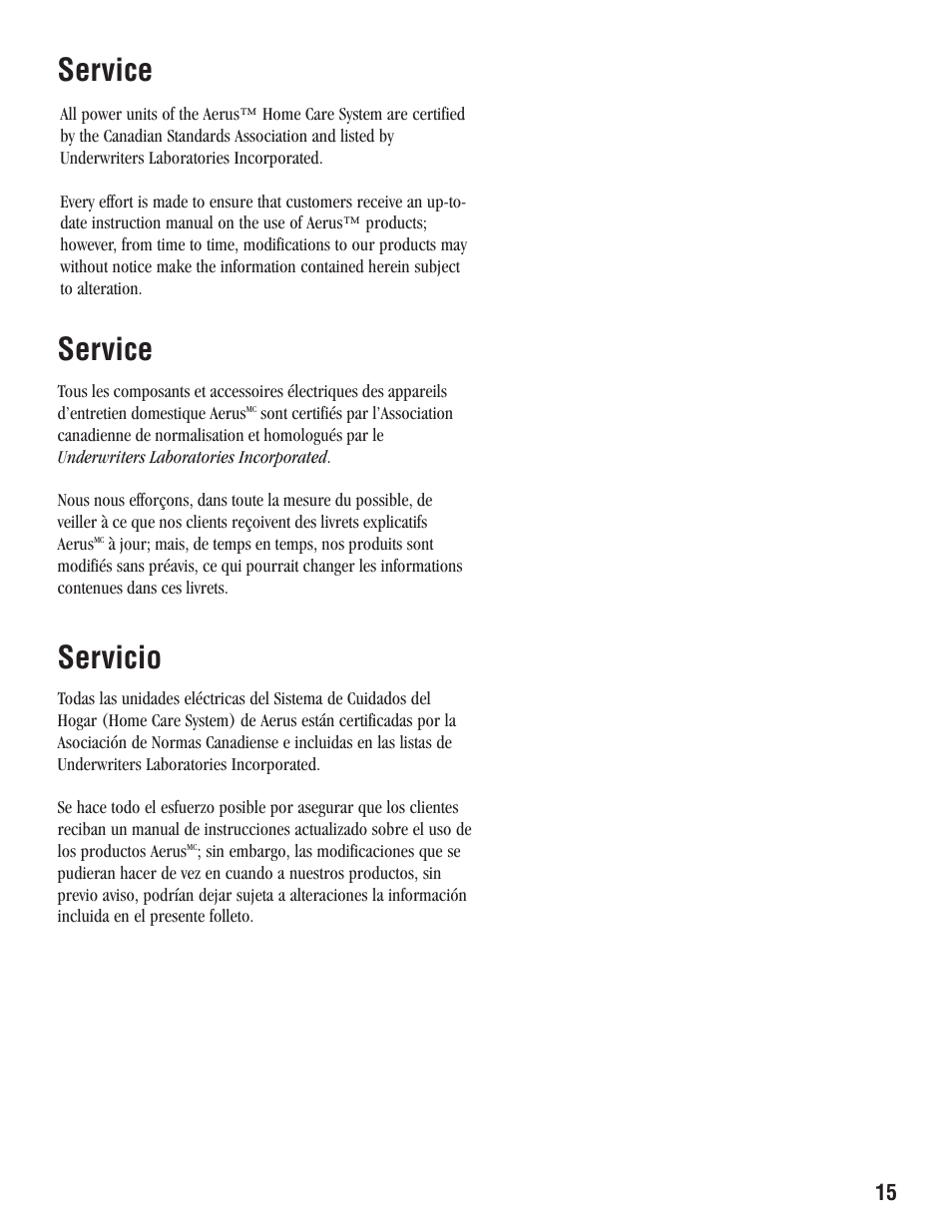 Service, Service servicio | Aerus Guardian User Manual | Page 15 / 20