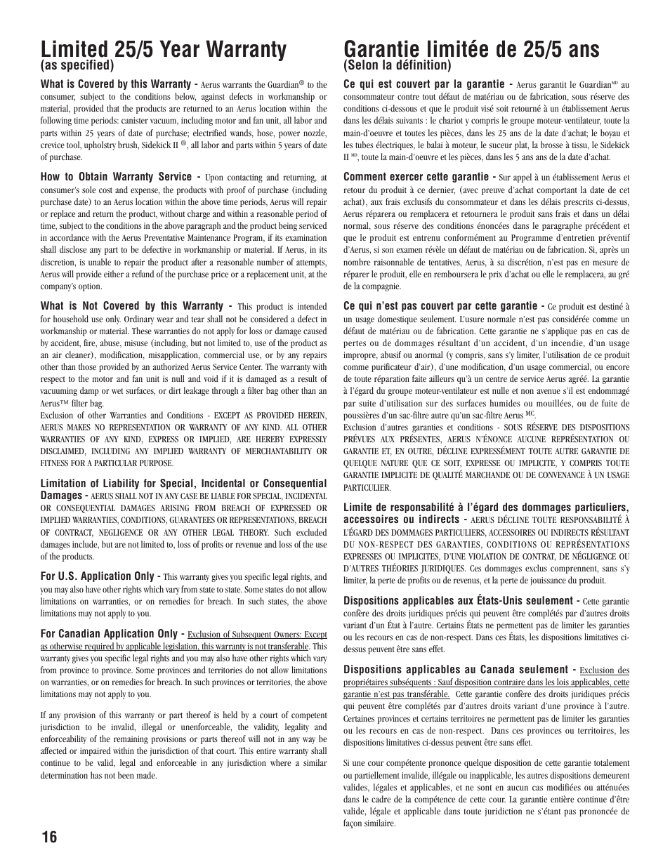 Garantie limitée de 25/5 ans, Limited 25/5 year warranty | Aerus Guardian User Manual | Page 16 / 20