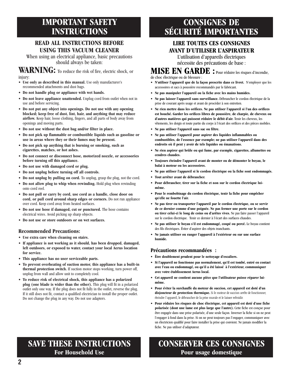 Warning, Save these instructions, Mise en garde | Conserver ces consignes, For household use, Pour usage domestique | Aerus Guardian User Manual | Page 2 / 20
