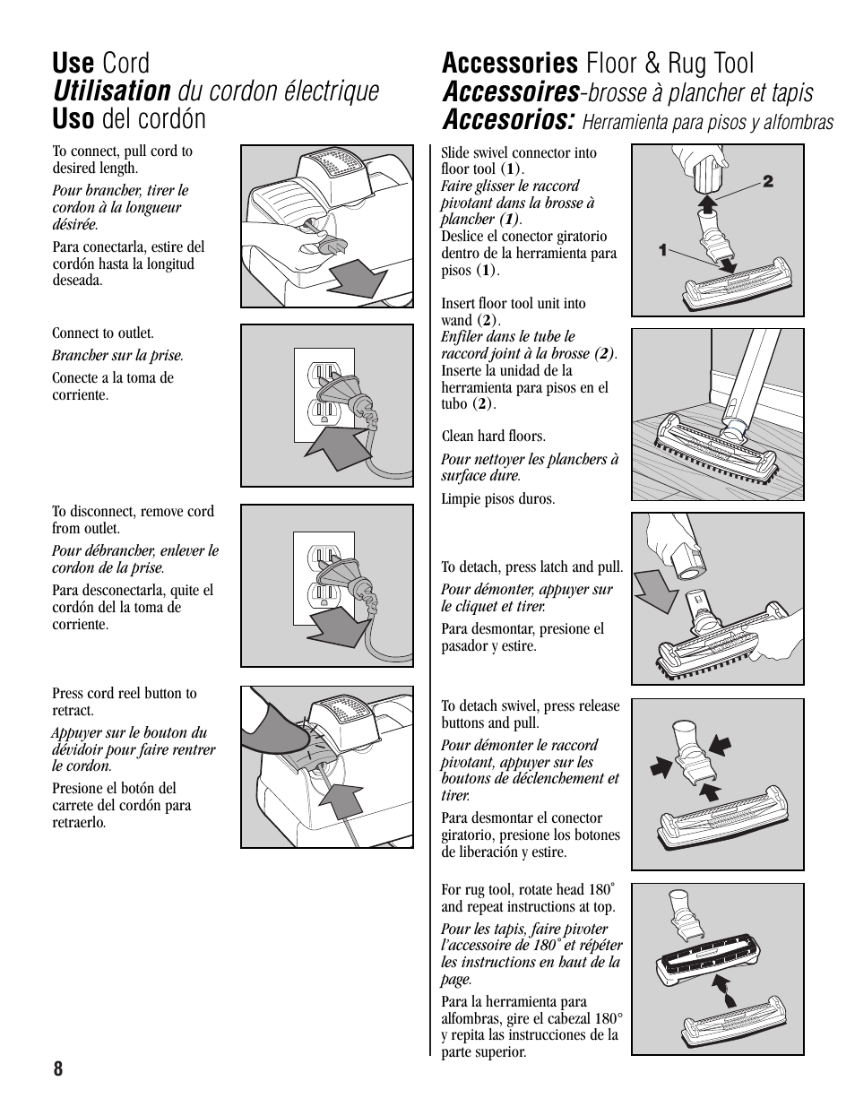 Accessories floor & rug tool accessoires, Accesorios, Brosse à plancher et tapis | Aerus Guardian User Manual | Page 8 / 20