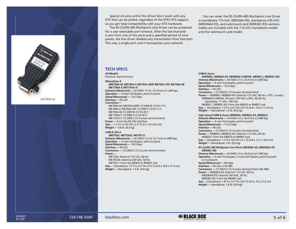 5 of 6, Tech specs | Black Box MULTIPOINT LINE DRIVER User Manual | Page 5 / 6