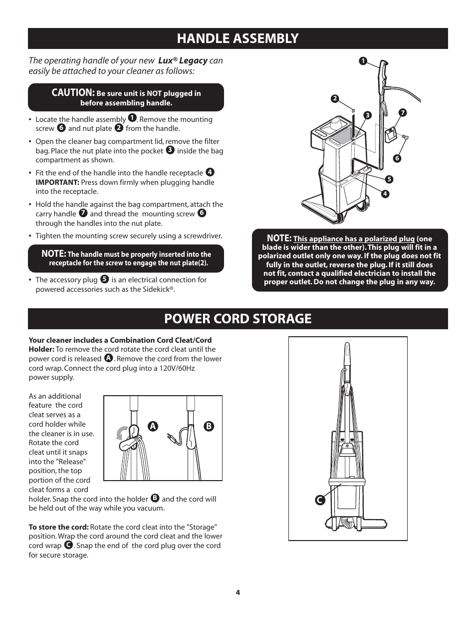 Handle assembly, Power cord storage, Caution | Aerus Lux Legacy Upright User Manual | Page 4 / 12