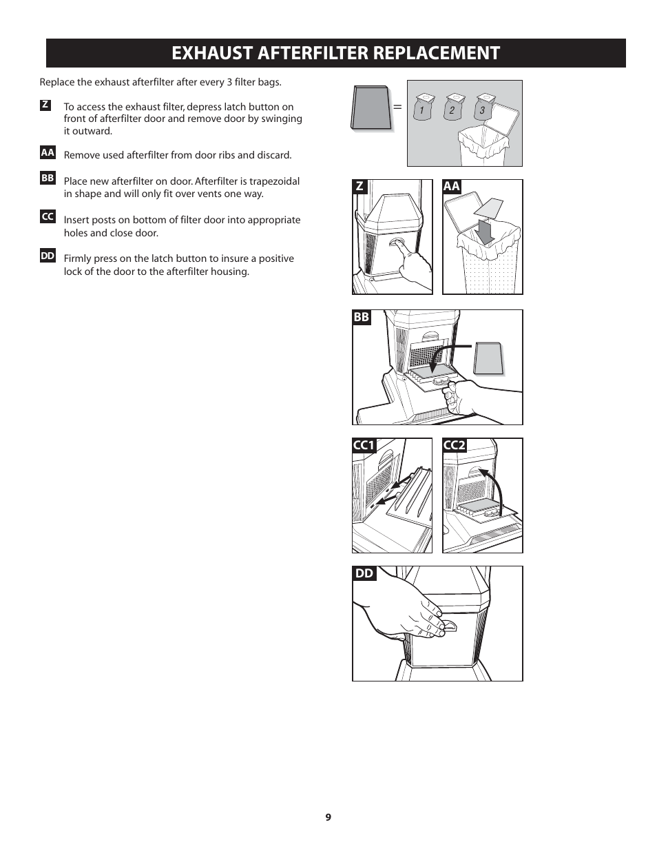Exhaust afterfilter replacement | Aerus Lux Legacy Upright User Manual | Page 9 / 12