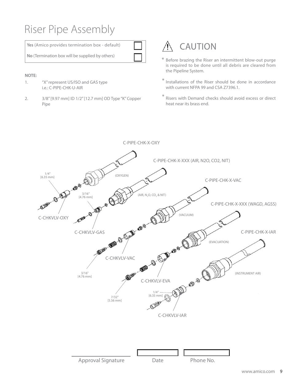 Riser pipe assembly, Caution, Approval signature date phone no | Amico Ceiling Column Manual Retractable User Manual | Page 11 / 16