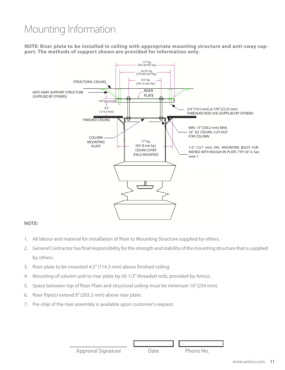 Mounting information, Approval signature date phone no | Amico Ceiling Column Manual Retractable User Manual | Page 13 / 16