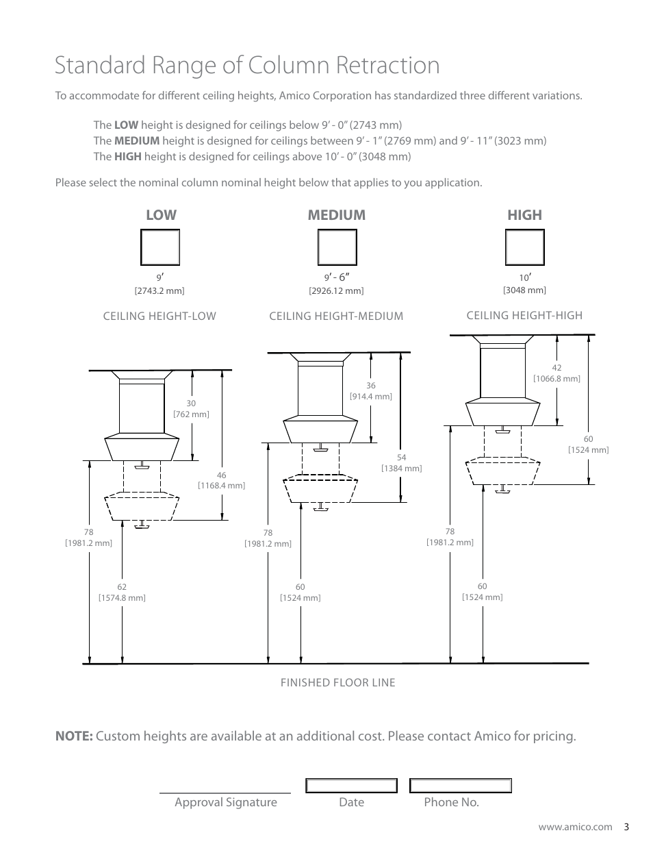 Standard range of column retraction, Low medium high | Amico Ceiling Column Manual Retractable User Manual | Page 5 / 16