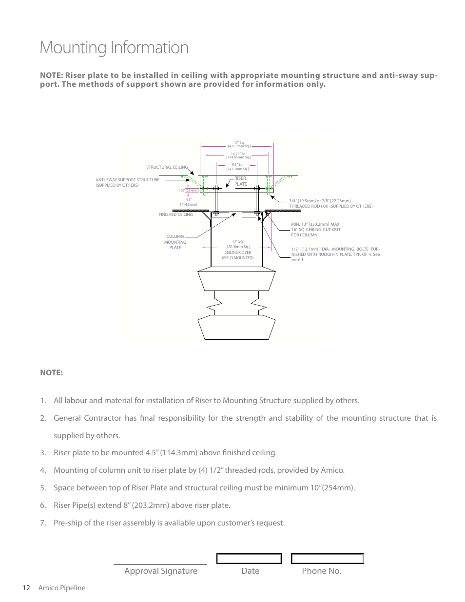 Mounting information, Approval signature date phone no | Amico Ceiling Column Motorized Retractable User Manual | Page 12 / 20
