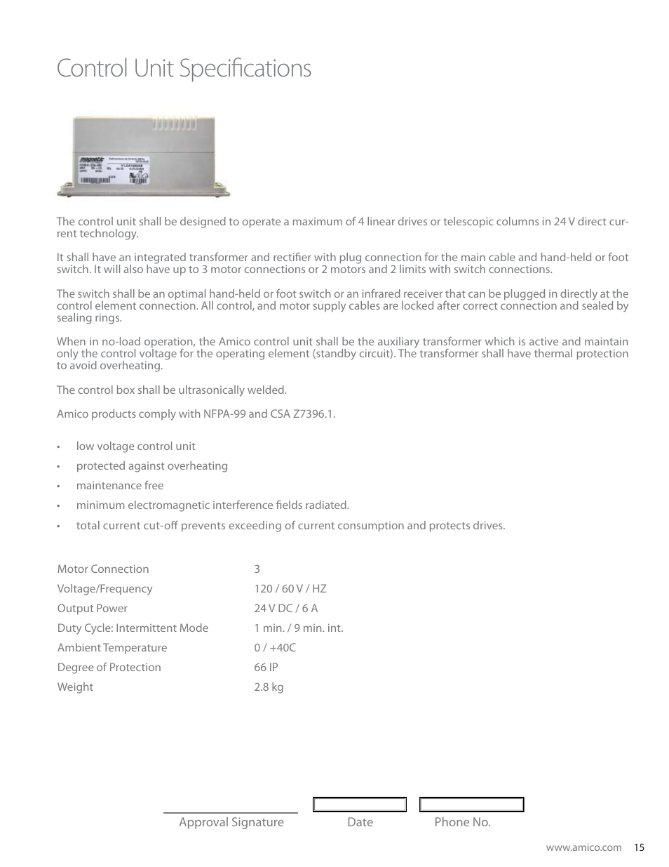 Control unit specifi cations | Amico Ceiling Column Motorized Retractable User Manual | Page 15 / 20