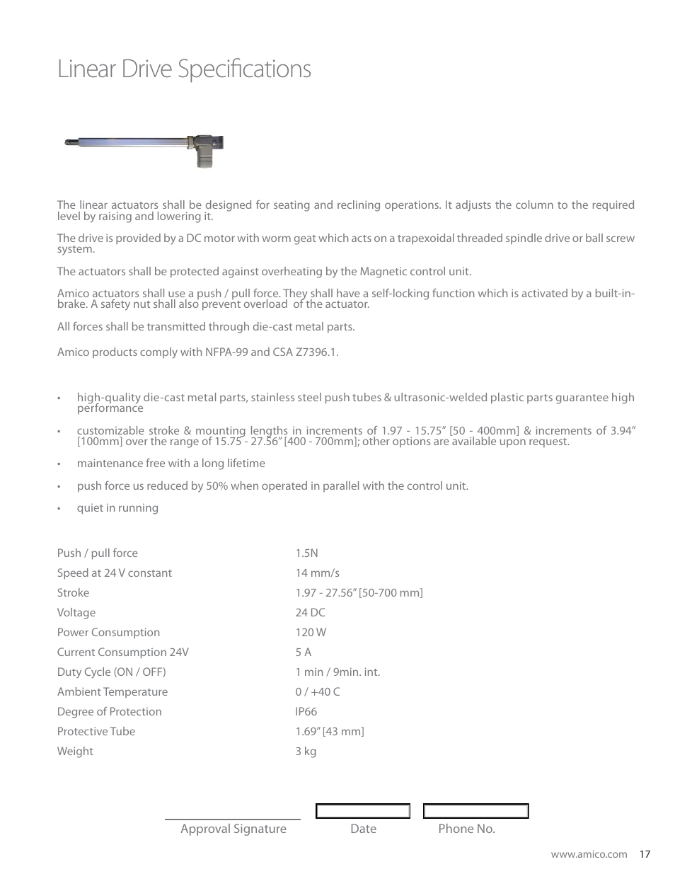 Linear drive specifi cations | Amico Ceiling Column Motorized Retractable User Manual | Page 17 / 20