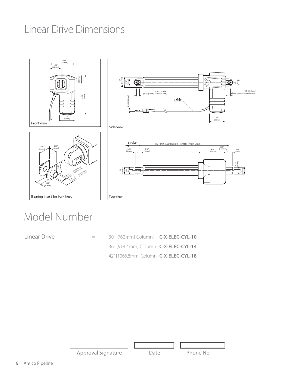 Linear drive dimensions, Model number, Linear drive | Approval signature date phone no, 18 amico pipeline | Amico Ceiling Column Motorized Retractable User Manual | Page 18 / 20