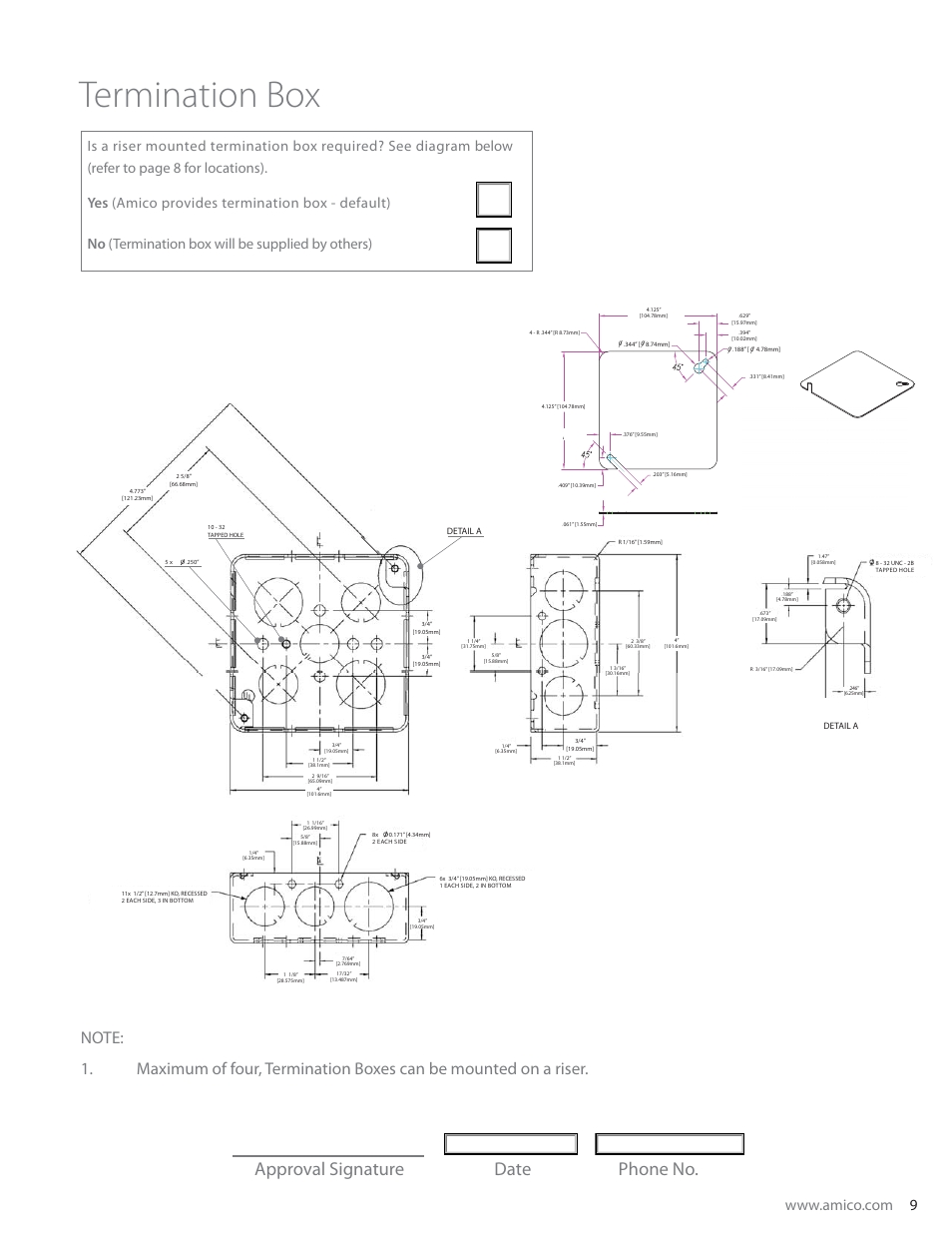 Termination box, Approval signature date phone no | Amico Ceiling Column Motorized Retractable User Manual | Page 9 / 20