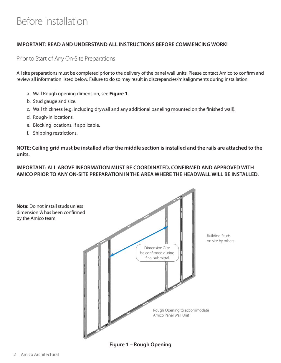 Before installation, Prior to start of any on-site preparations | Amico Freedom Series Recessed User Manual | Page 2 / 12