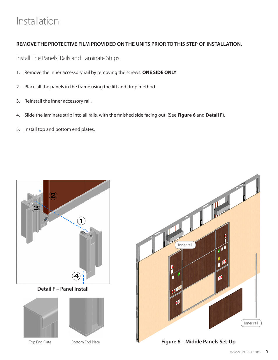 Installation, Install the panels, rails and laminate strips | Amico Freedom Series Recessed User Manual | Page 9 / 12