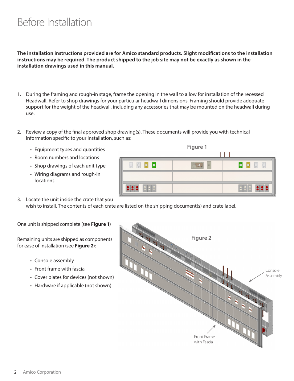 Before installation | Amico Majestic Series Double Tier Recessed Headwall User Manual | Page 2 / 6
