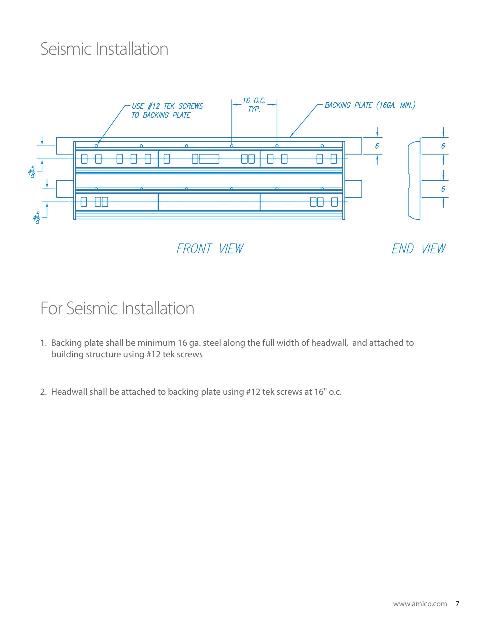 Seismic installation for seismic installation | Amico Majestic Series Double Tier Surface Mounted Headwall User Manual | Page 7 / 8