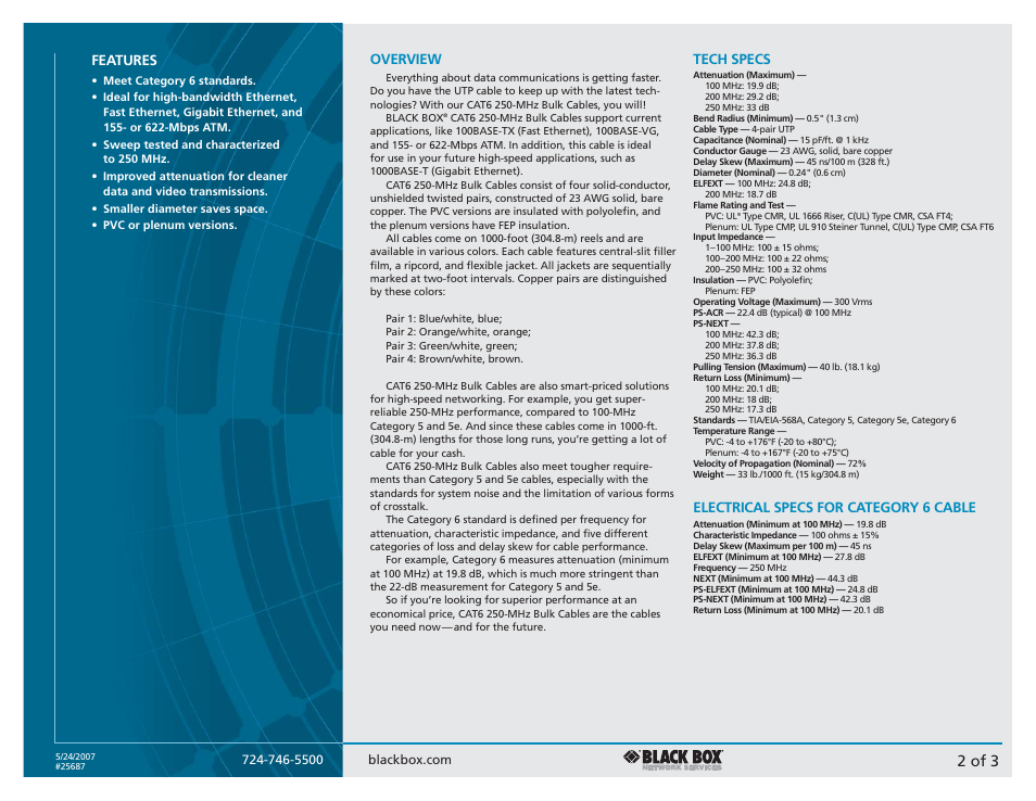 2 of 3, Features, Overview | Electrical specs for category 6 cable, Tech specs | Black Box CAT6 User Manual | Page 2 / 3