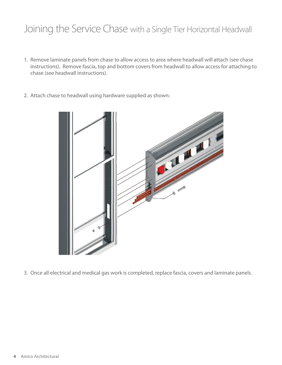 Joining the service chase, With a single tier horizontal headwall | Amico Majestic Series Single Tier Surface Mounted Headwall User Manual | Page 4 / 6