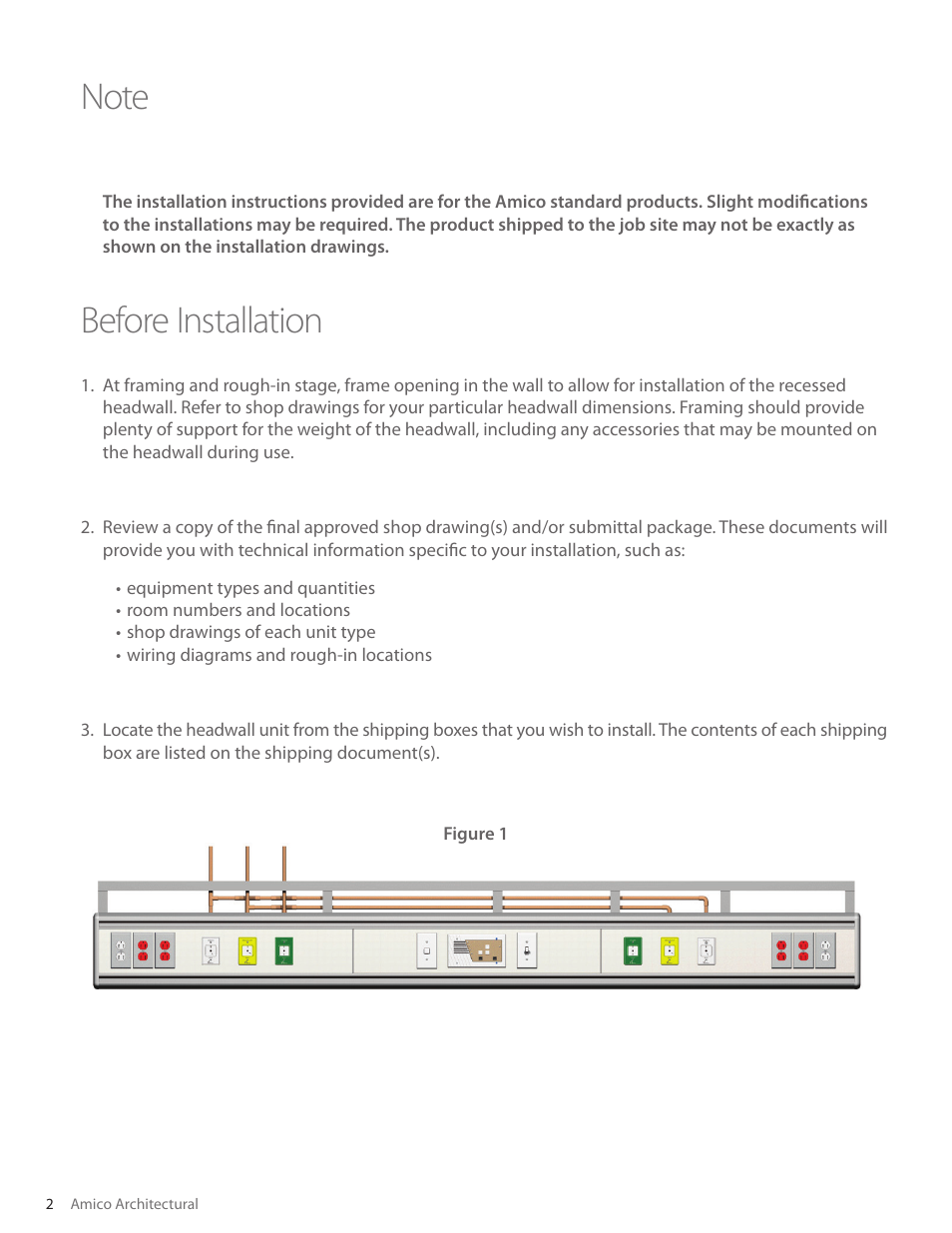 Before installation | Amico Majestic Series Single Tier Recessed Headwall User Manual | Page 2 / 8
