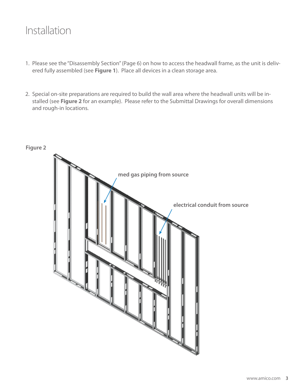 Installation | Amico Majestic Series Single Tier Recessed Headwall User Manual | Page 3 / 8