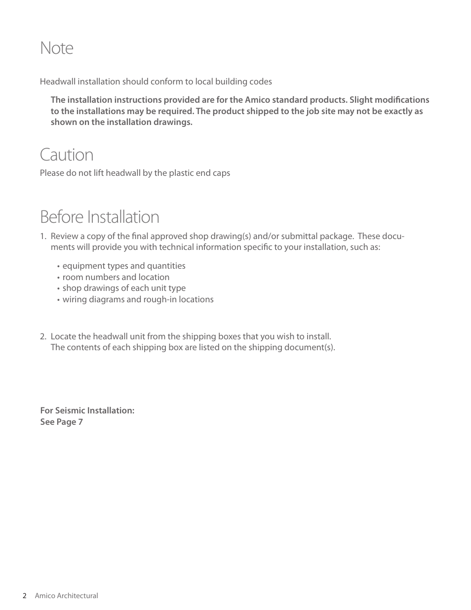 Caution, Before installation | Amico Majestic Series Single Tier Surface Mounted Headwall User Manual | Page 2 / 8