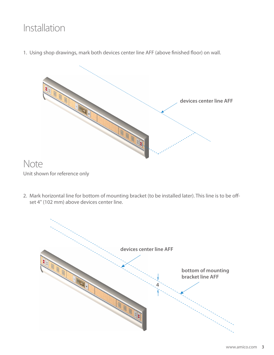 Installation | Amico Majestic Series Single Tier Surface Mounted Headwall User Manual | Page 3 / 8