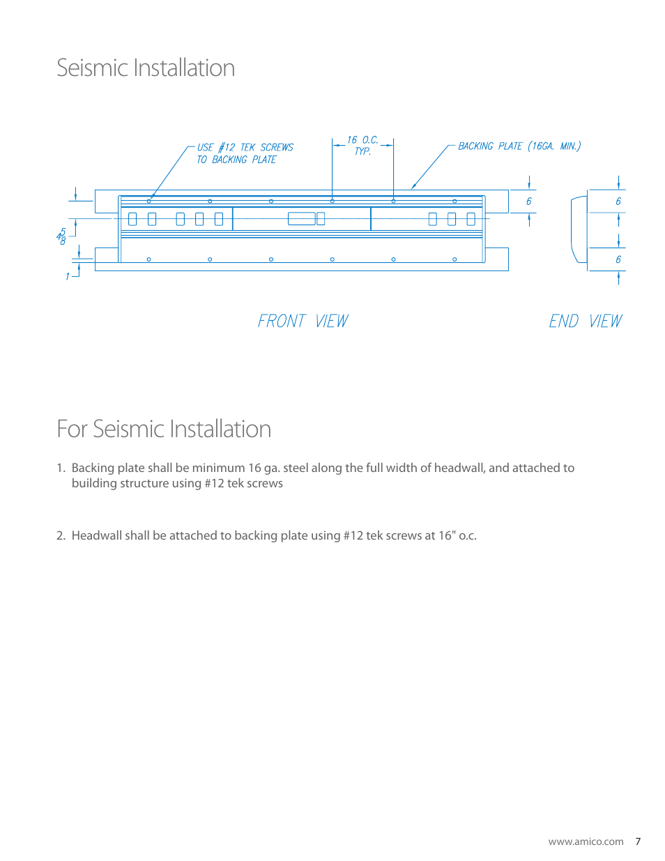 Seismic installation for seismic installation | Amico Majestic Series Single Tier Surface Mounted Headwall User Manual | Page 7 / 8