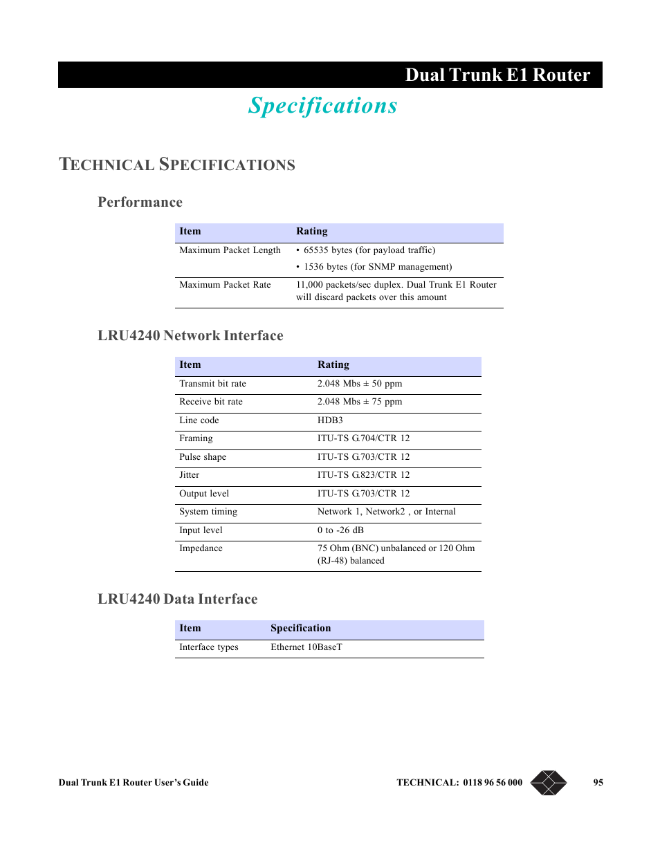 Specifications, Technical specifications, Performance | Lru4240 network interface, Lru4240 data interface, Appendix a, specifications, Appendix a, “ specifications, Provides regulatory compliance, Dual trunk e1 router, Echnical | Black Box LRU4240 User Manual | Page 107 / 218